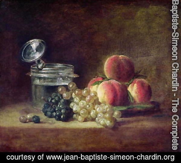 Jean-Baptiste-Simeon Chardin - Still Life with a Basket of Peaches, White and Black Grapes with Cooler and Wineglass, c.1759