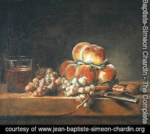 Jean-Baptiste-Simeon Chardin - Still Life of Peaches, Nuts, Grapes and a Glass of Wine, 1758