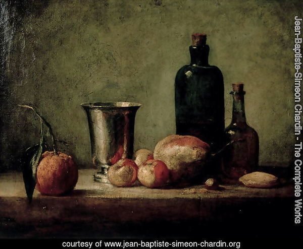 Still-life with Silver Beaker, Fruit and Bottles on a Table