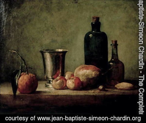Jean-Baptiste-Simeon Chardin - Still-life with Silver Beaker, Fruit and Bottles on a Table