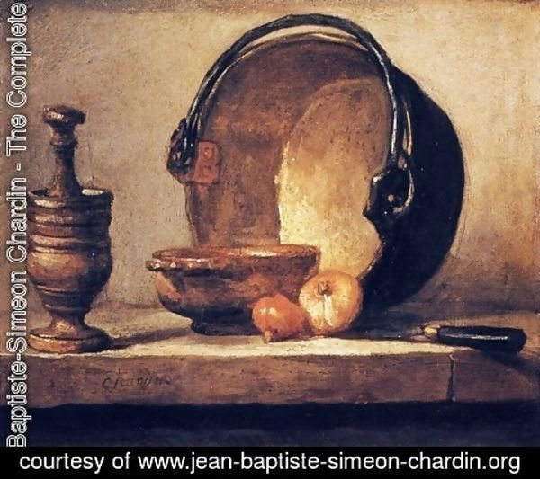 Jean-Baptiste-Simeon Chardin - Still Life with Pestle, Bowl, Copper Cauldron, Onions and a Knife