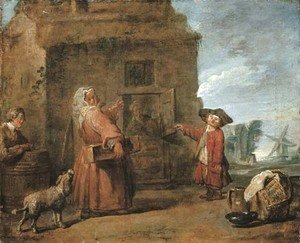 Peasants by a hut in a landscape
