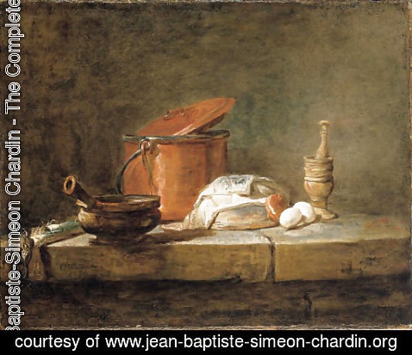 Jean-Baptiste-Simeon Chardin - Leeks, a casserole with a cloth, a copper pot and cover, an onion and eggs with a pestle and mortar, on a stone ledge