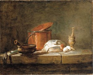 Leeks, a casserole with a cloth, a copper pot and cover, an onion and eggs with a pestle and mortar, on a stone ledge