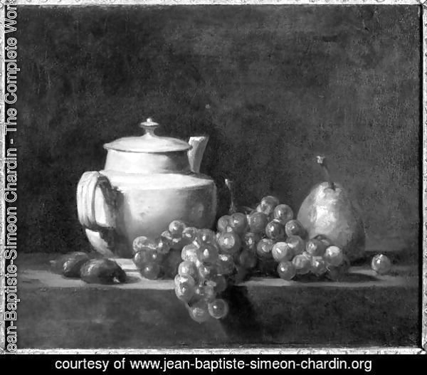 White Teapot with Two Chestnuts, White Grapes and a Pear