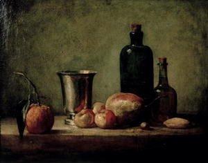 Jean-Baptiste-Simeon Chardin - Still-life with Silver Beaker, Fruit and Bottles on a Table