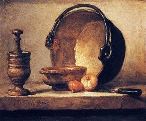 Still Life with Pestle, Bowl, Copper Cauldron, Onions and a Knife
